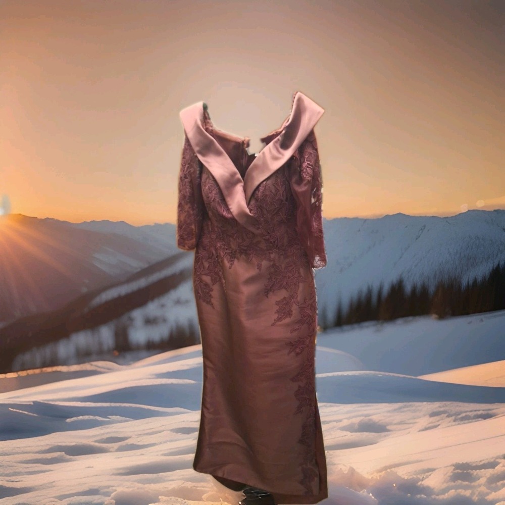 Vintage Sz14 Wine Taffeta Evening Gown Lace Bodice Lace Sleeves Lace appliques